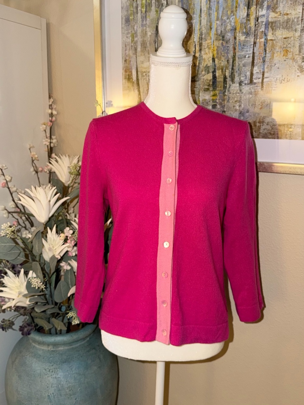 Saks Fifth Avenue Hot Pink Crewneck Cardigan 100% cashmere